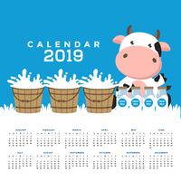 Calendar 2019 with cute cows.  vector