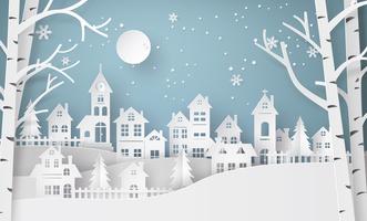 Winter Snow Urban Countryside Landscape City Village with ful lmoon vector