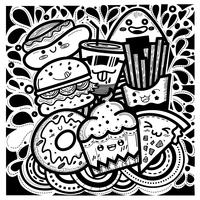 Cute food doodles square style Consisting of cupcakes, hamburgers, donuts, french fries, pizza, hotdogs and a glass of water. vector