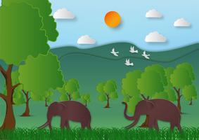 Estilo del arte de papel del paisaje con la montaña y el árbol del elefante en el fondo del extracto de la idea de la ecología de la naturaleza, ilustración del vector