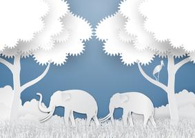 Estilo del arte de papel del paisaje con el elefante y el árbol en el fondo del extracto de la idea de la ecología de la naturaleza, ilustración del vector