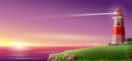 Realistic lighthouse on a green hill above the sea on night. Wide banner or Wallpaper. Vector illustration.