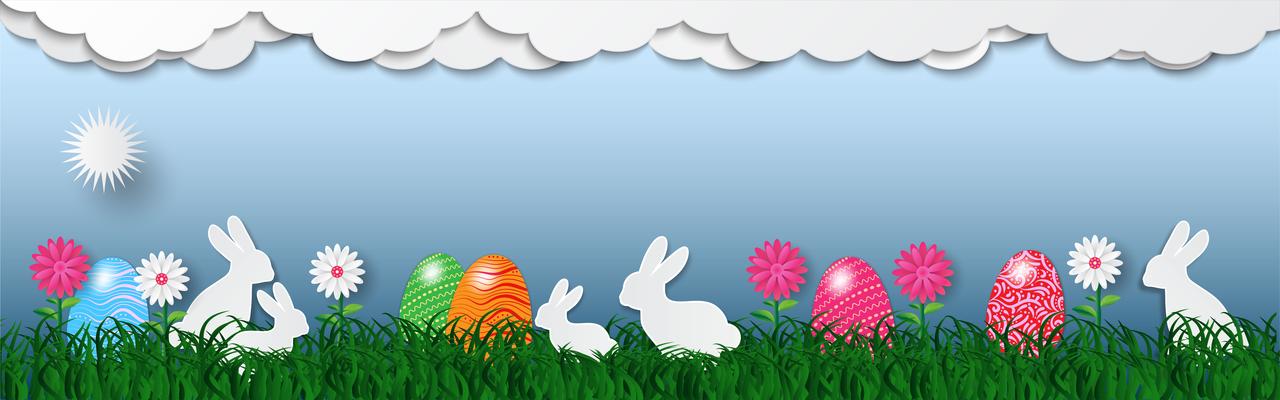 Banner of easter holiday background with eggs on green grass and white rabbit, vector illustration