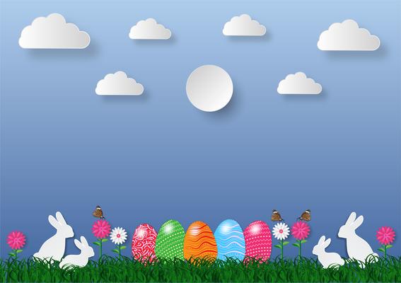 Paper art style easter holiday background with eggs on green grass and white rabbit , vector illustration