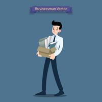 Hombre de negocios de decepción de pie y llevando su caja de cartón con objetos personales. vector