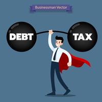 Empresario usa capa roja levantando una pesa pesada de deuda e impuestos muy fácil.