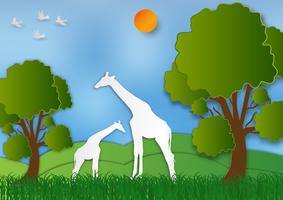 Paper art style of Landscape with giraffe and tree In nature save the world and ecology idea abstract background, vector illustration