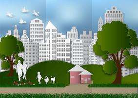 Paper art of people and pets with city and tree on green background ecology idea, vector illustration