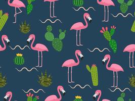 Seamless pattern of pink flamingo with tropical cactus on dark background - vector illustration