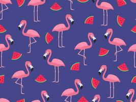 Seamless pattern of flamingo with slice watermelon on blue background - Vector illustration