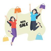 Shopping Girl Happy and Jump, Discount Sale	 vector