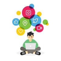 Boy sitting with laptop browsing internet social media vector