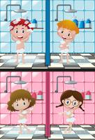 Four kids showering in bathroom vector