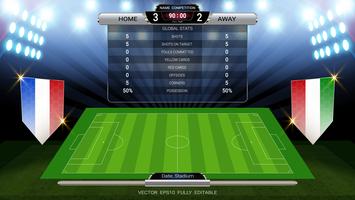 Scoreboard and soccer field illuminated by spotlights, global stats broadcast graphic football template with the flag. vector