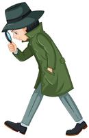 Detective en abrigo verde con lupa. vector