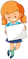 Chica sosteniendo papel en blanco sobre fondo blanco vector