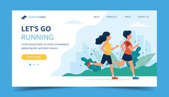 Running landing page template. Man and woman running in the park. Illustration for marathon, city run, training, cardio vector