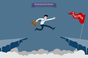 Fearless brave businessman make risk by jump over the ravine, cliff, chasm to reach his success target challenge of his career. vector