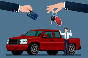 The car dealer's make an exchange, sale, rent between a car and the customer's credit card. Vector illustration design.