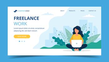 Freelance work page template. Woman working with laptop in the park. Illustration for freelancing, remote work, business vector