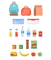Lunchbox illustration set - different plastic containers, paper bag, bottles, juice, water, fruits, sandwich, backpack.