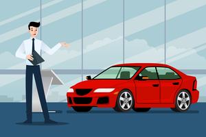 A happy businessman, salesman is standing and present  his luxury car that parked in the show room.Vector illustration design. vector