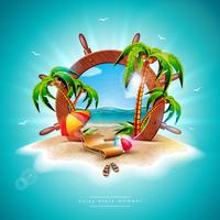 Vector Summer Holiday Illustration with Ship Steering Wheel and Exotic Palm Leaves on Tropical Island Background. Exotic Plants, Flower, Beach Ball, Surf Board and Sunshade