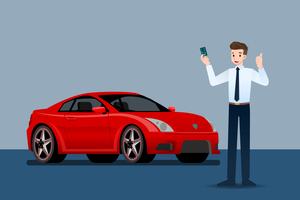 Happy businessman, seller stand and holding credit card in front of luxury car that parking in large showroom. vector