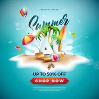 Summer Sale Design with Beach Ball and Exotic Palm Tree on Tropical Island Background. Vector Special Offer Illustration with Holiday Elements for Coupon