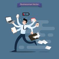 Businessman run with many hands holding smartphone, laptop, briefcase, stack of paper, calendar, clipboard and coffee. Very busy worker do many job in the same time. vector