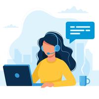 Customer service. Woman with headphones and microphone with laptop. Concept illustration for support, call center. vector
