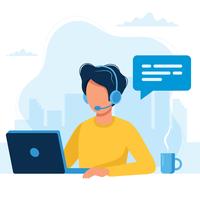 Customer service. Man with headphones and microphone with laptop. Concept illustration for support, call center. vector