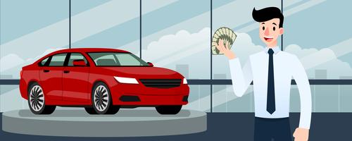 Happy businessman, seller stand and holding money in front of luxury car that parking in large showroom in the city. vector