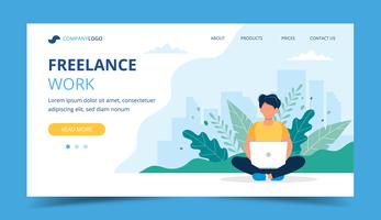 Freelance work page template. Man working with laptop in the park. Illustration for freelancing, remote work, business. vector