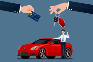 The car dealer's make an exchange, sale, rent between a car and the customer's credit card. Vector illustration design.