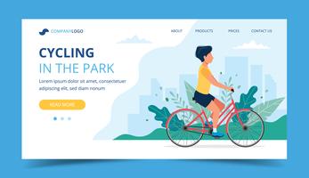 Cycling landing page. Man riding bicycle in the park. Illustration for active lifestyle, training, cardio exercising. vector