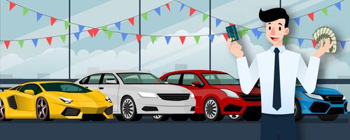 Happy businessman, seller stand and holding a credit card and money in front of group luxury car that parking in large showroom in the city. vector