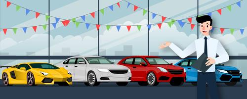 Happy businessman, seller stand and holding a clipboard in front of group luxury car that parking in large showroom in the city. vector
