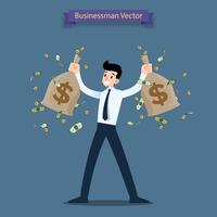 Happy businessman holding a money and gold coin bag, sack. Rich people who can make a lot of income, profit financial. vector