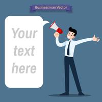 Businessman talking through a megaphone, making an announcement yelling to spread the words for attract people. vector
