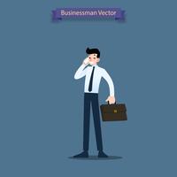 Businessman talking, consulting on the cellphone to client and holding briefcase. vector