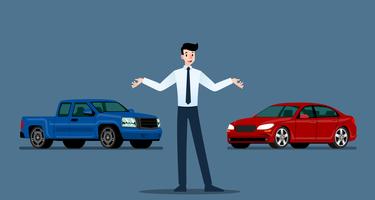 A happy businessman, salesman is standing and present  his luxury car and pickup truck that parked in the show room.Vector illustration design. vector