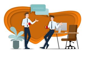 Two businessmen discussing each other. The employee talking with team about business ideas or about commercial organization during coffee time. vector