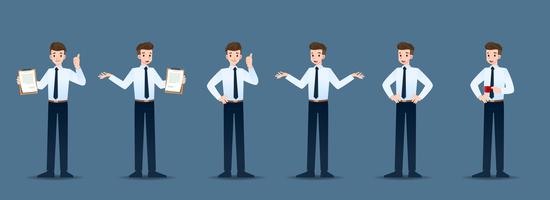 Set of businessman in 6 different gestures. People in business character poses like waiting, communicate and successful. Vector illustration design.