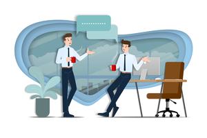 Two businessmen discussing each other. The employee talking with team about business ideas or about commercial organization during coffee time. vector
