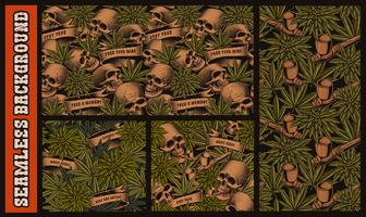 Set of seamless patterns with skulls and cannabis