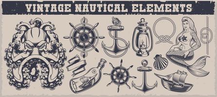 Set of black and white vintage nautical elements vector