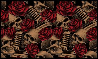 Seamless pattern with skulls, microphones and roses vector