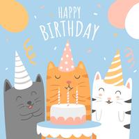 Feliz cumpleaños animales gatos dibujos animados saludo vector