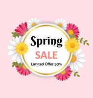 Fondo de venta de primavera con flor hermosa y marco redondo. Concepto de ilustración vectorial 3D. vector